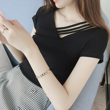 2024夏季短袖t恤女韩版新款女式ins学生V领修身上衣女装