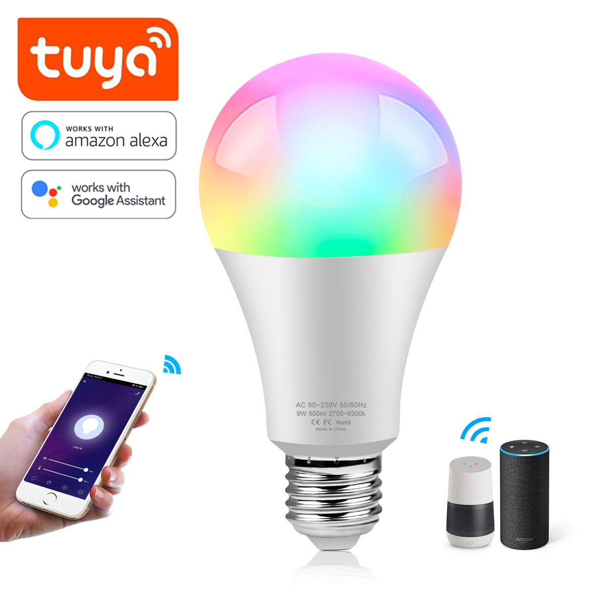 Tuya涂鸦智能球泡灯Alexa语音控制WIFI灯泡RGBCW谷歌音箱五路灯