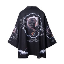 跨境 夏季新款日系道袍流行仙鹤花纹印花宽松男女七分袖和服外套
