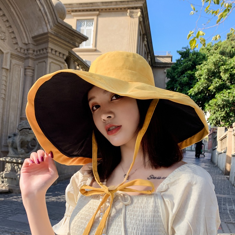 日本超大帽檐双面渔夫帽子女夏季韩版薄款系带遮脸盆帽防晒遮阳帽