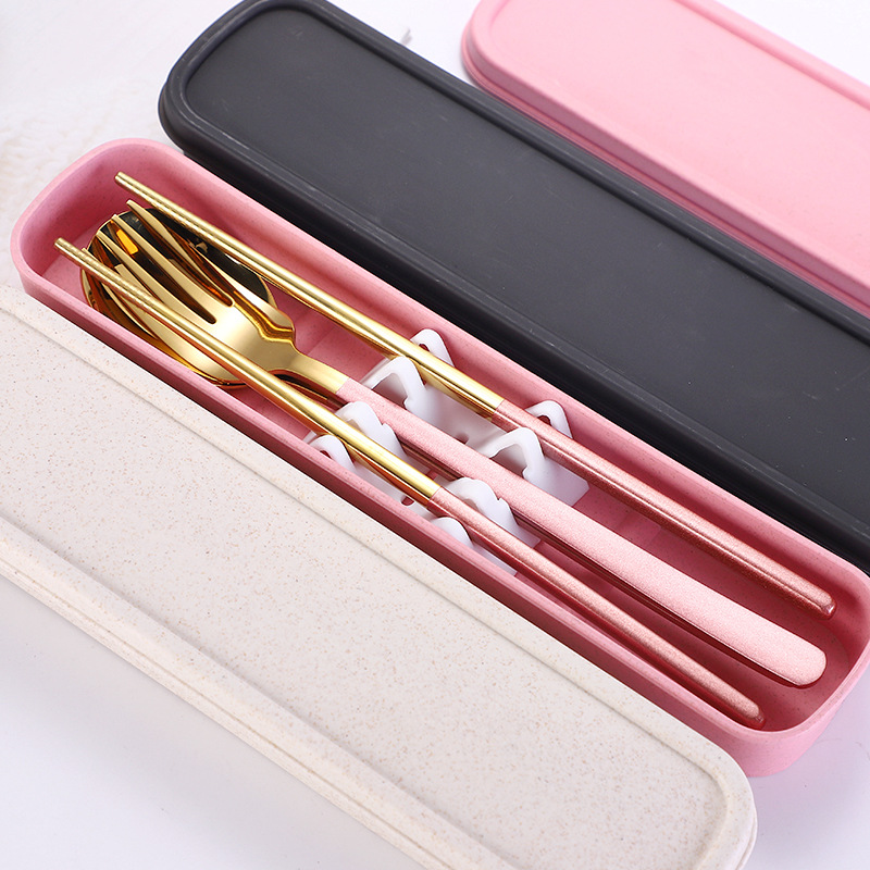 304 Stainless Steel Chopsticks Fork Three-Piece Japanese-Style Student Chopsticks Spoon Portable Tableware Set Internet Celebrity Gift Box