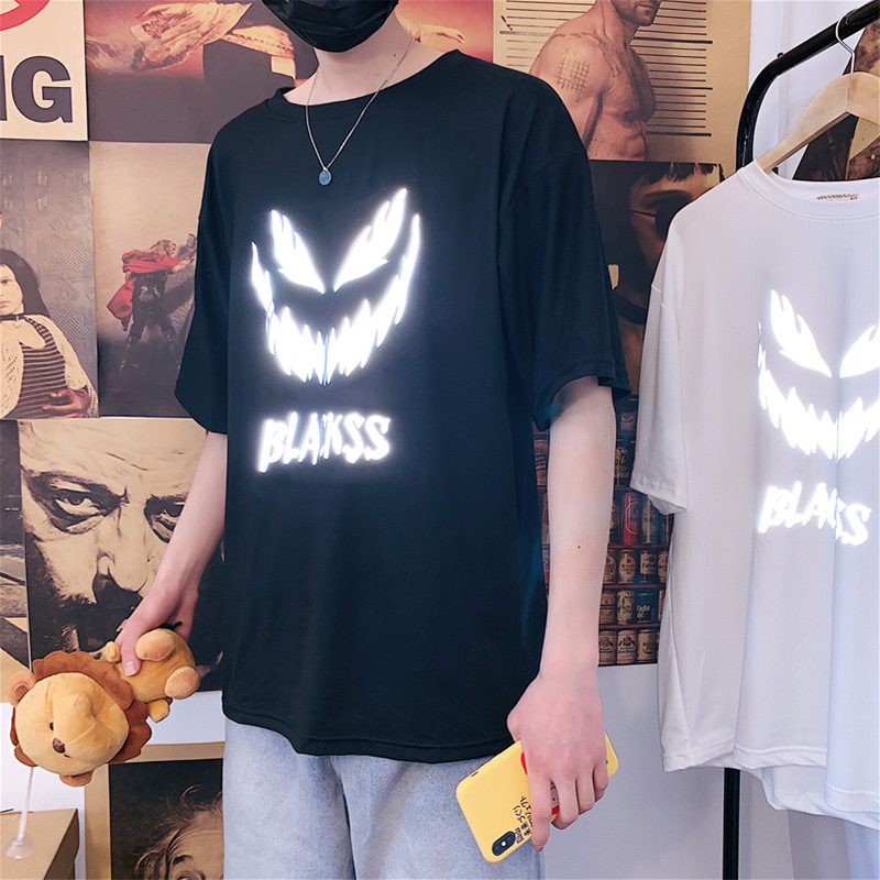 夏季反光t恤男短袖潮牌宽松个性时尚百搭韩版潮流学生ins夜光半袖