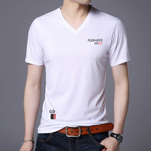 爆款男士t恤短袖丝光棉潮流中青年夏季韩版修身v领半袖汗衫上衣服
