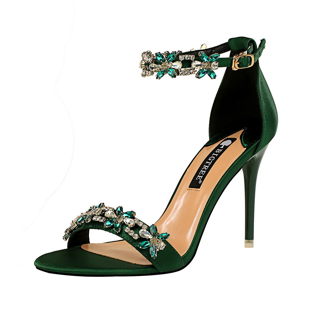 368-1 European and American Style Sexy Party High Heels Women's Shoes Stiletto Heel Satin Open Toe Rhinestone Strap Sandals
