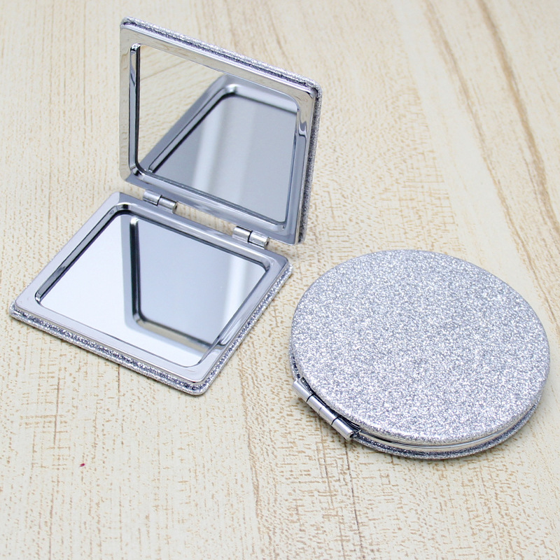 工厂直销 闪银色圆形化妆镜PU随身折叠皮镜图案LOGo印刷镜子批发