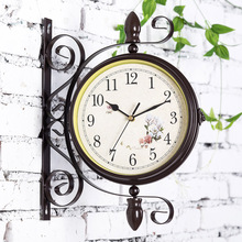 欧式铁艺双面挂钟创意美式两面挂表现代简约客厅家用钟表复古时钟