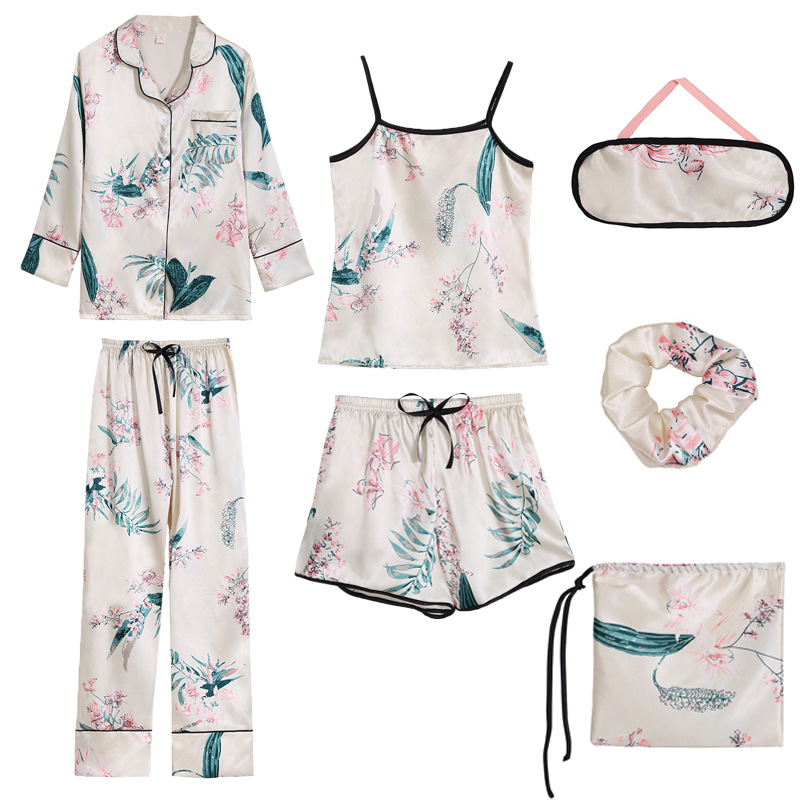 One Piece Dropshipping New Flower Seven-Piece Pajamas Women's Spring Long-Sleeved Silk-like Sexy Home Wear Suit Pajamas