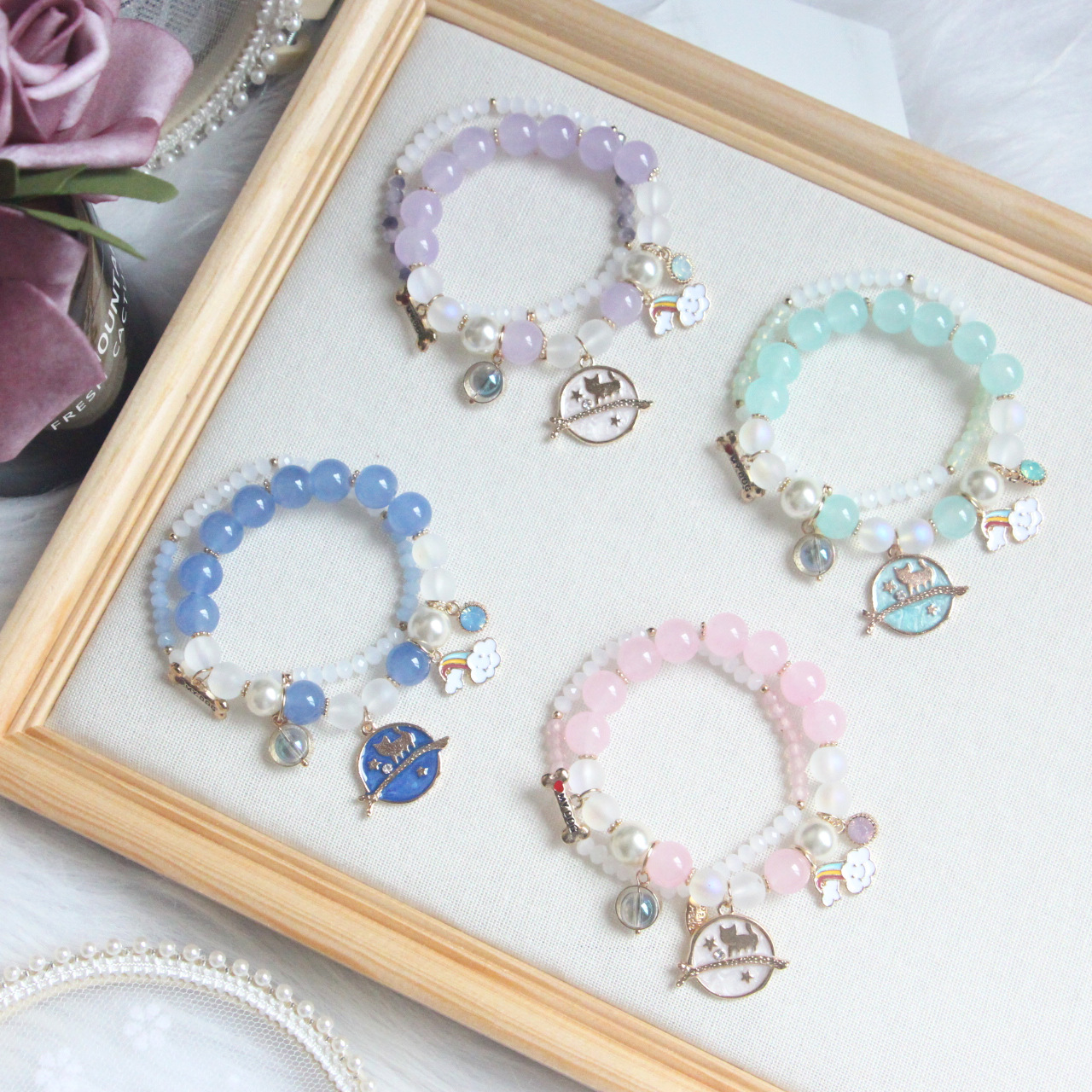 原创日系简约学生闺蜜手工串珠手链女士彩虹猫咪手串可爱猫控手饰