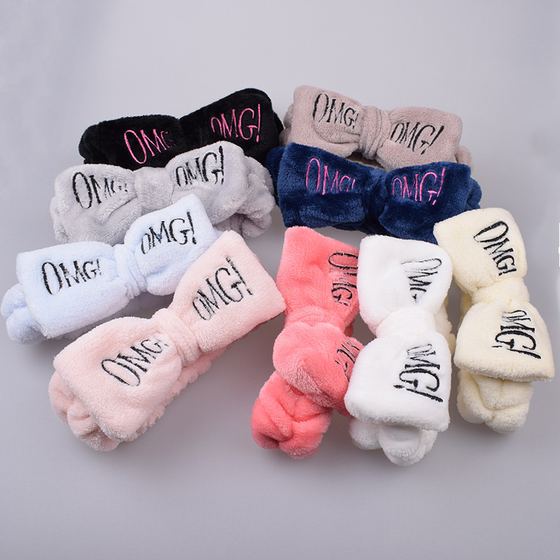 Letter Bow OMG Flannel Hair Band Korean Style Women's Washing Face Hair Band Makeup Mask Headband Hair Accessories