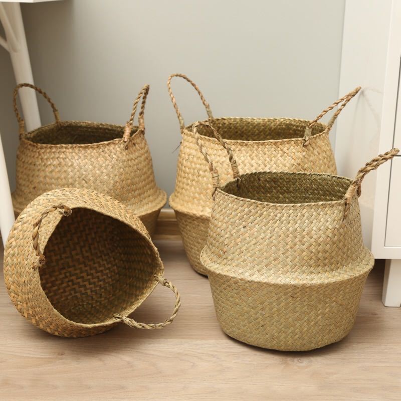 Nordic Flower Basket Portable Knitted Basket Flower Pot Straw Woven Bamboo Plant Straw Woven Floor Folding Straw Bag Basket Woven