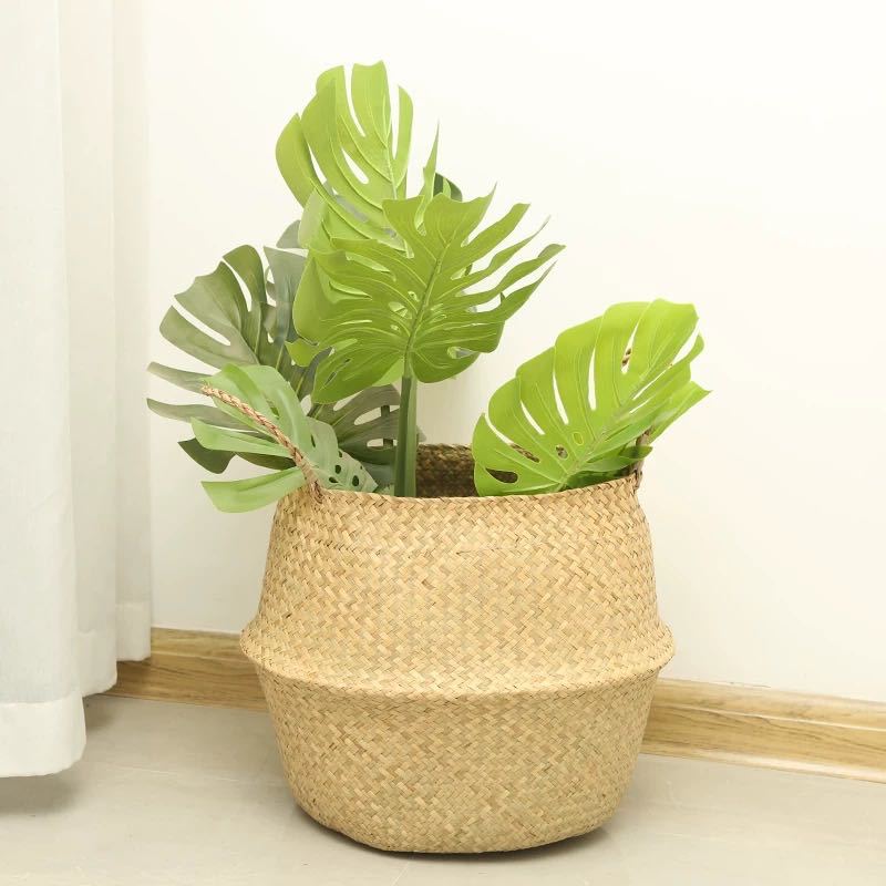 Nordic Flower Basket Portable Knitted Basket Flower Pot Straw Woven Bamboo Plant Straw Woven Floor Folding Straw Bag Basket Woven