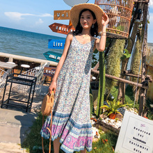 跨境女装沙滩裙女海边度假民族风碎花吊带连衣裙夏波西米亚长裙