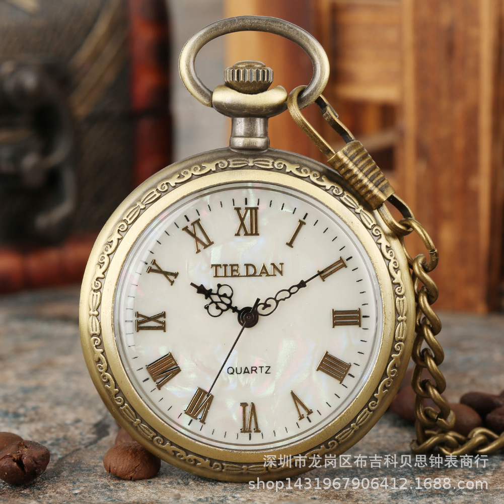 ebay速卖通新品热卖 经典青铜色贝壳面罗马字石英大怀表 一件代发
