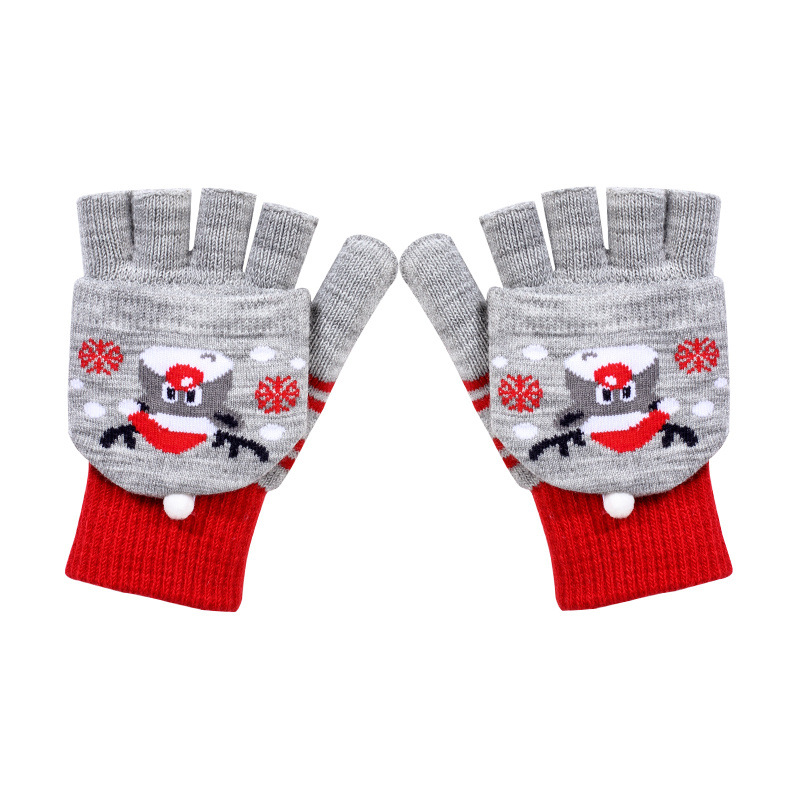 Christmas Gloves for Women Winter Half Finger Flip Cold-Proof Thermal Knitting Wool Cute Cartoon Open Finger Students Wholesale