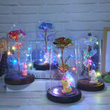 情人节 母亲节 创意礼品独角兽七彩玫瑰花玻璃罩LED灯装饰摆件