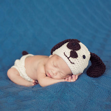 婴儿针织拍照服装 大耳朵狗造型 流氓兔帽子百天宝宝毛线摄影套装