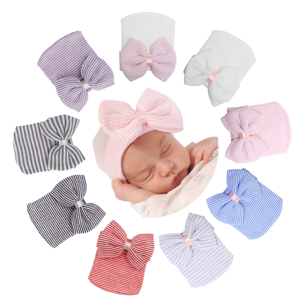 european and american newborn babies‘ baby hat big bow knitted sleeve cap spring and autumn cute beanie factory in stock