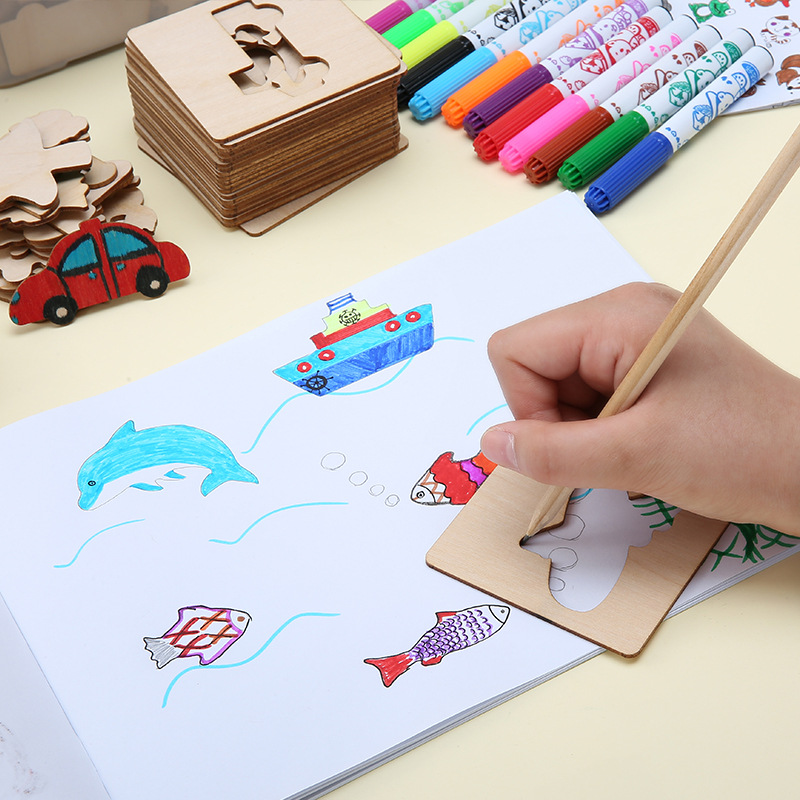 Children's Wooden Painting Template Drawing Tool Set Kindergarten Primary School Students Beginner Graffiti Boys and Girls Toys