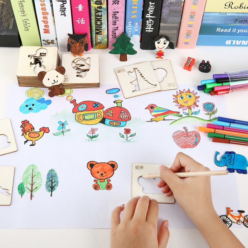 Children's Wooden Painting Template Drawing Tool Set Kindergarten Primary School Students Beginner Graffiti Boys and Girls Toys