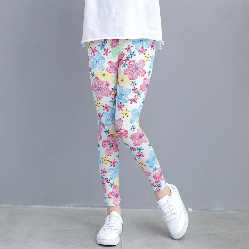 summer new korean style cropped crawler children‘s 3-11 years old printed colorful gold flower girls‘ leggings thin outer wear