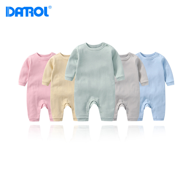 Spring and Autumn Baby Pure Color Shoulder Buckle Long-Sleeved Romper Men's and Women's Baby Cotton One-Piece Long-Leg Romper Factory Direct Sales Baby Clothes