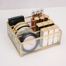梳妆台桌面眼影粉饼收纳盒透明玻璃口红置物架分隔气垫盒防尘金属