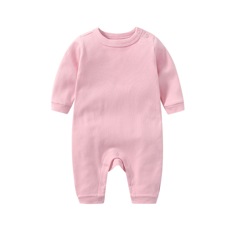 Spring and Autumn Baby Pure Color Shoulder Buckle Long-Sleeved Romper Men's and Women's Baby Cotton One-Piece Long-Leg Romper Factory Direct Sales Baby Clothes