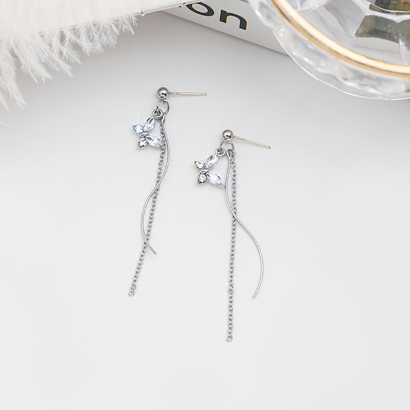925 Silver Needle Super Flash Refined Rhinestone Crystal Butterfly Earrings Internet Influencer Long S-Shaped Chain Tassel Earrings