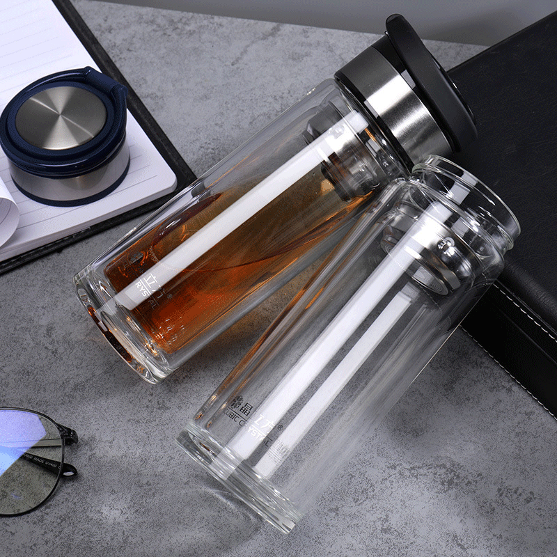 新款双层玻璃杯透明水杯便携商务保温杯办公礼品杯子广告刻字