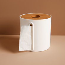 泰禾竹木盖圆形桌面卷纸筒创意侧抽欧式简约客厅餐巾卷纸盒 9005
