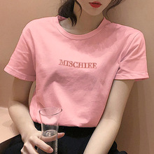 字母刺绣短袖T恤女夏季韩国女装修身女式圆领学生衣服女上衣批发