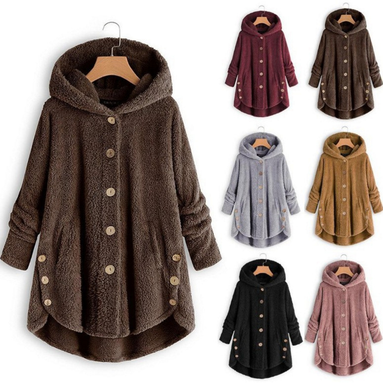 亚马逊ebay2023冬新时尚女装欧美纽扣毛绒上衣不规则潮牌纯色外套
