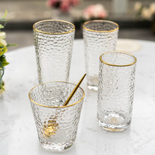 创意日式透明玻璃水杯女耐热透明金边茶杯杯子家用锤纹玻璃杯套装
