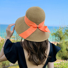 出口草帽女夏天可折叠沙滩帽女度假遮阳盆帽蝴蝶结渔夫帽