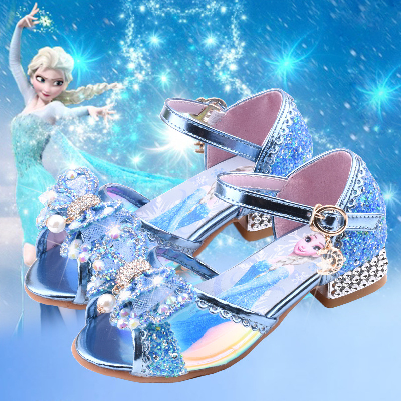 女童凉鞋2023新款艾莎公主鞋夏季小孩矮跟鞋冰雪奇缘儿童高跟鞋