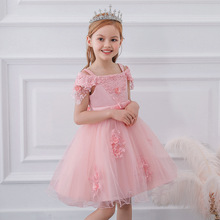 一件代发亚马逊女童礼服裙网纱钉珠花朵一字肩ins公主裙礼服 儿童