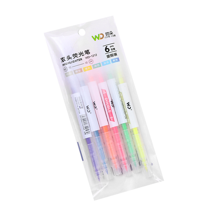 South Korea Creative Double-Headed Two-Color Fluorescent Pen 6-Piece Student Key Sentence Marking Pen Color Oblique Head Marker