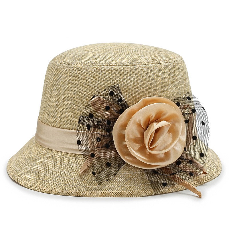 Linen Hat Spring and Summer Black Sand Flower Middle-Aged and Elderly Hat Women's British Solid Color Basin Hat Sun Protection Sun Hat Wholesale