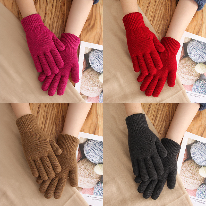 Women's Gloves Autumn and Winter Thickened Fleece-lined Wool Keep Warm Road Bike Cold-Proof Knitted Five-Finger Student Knitted Wholesale