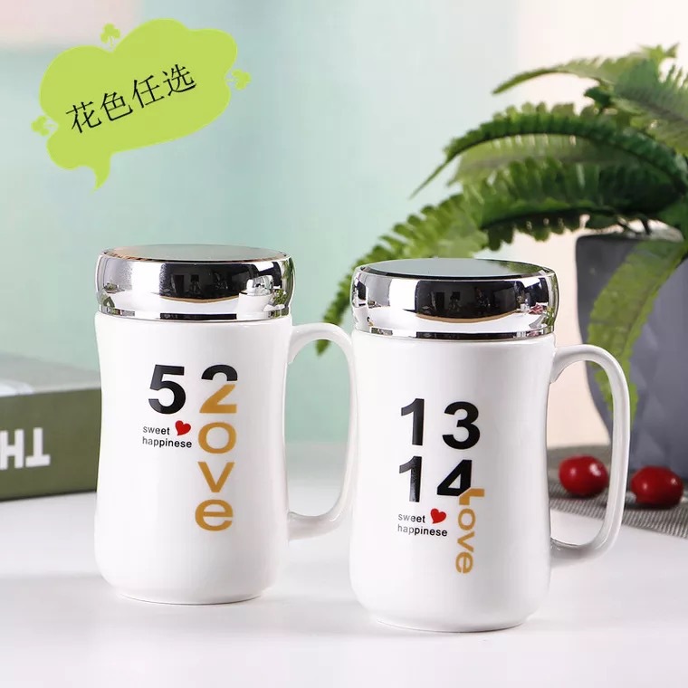 创意镜面水杯带盖马克杯印logo陶瓷杯子十元店日用百货地推小礼品