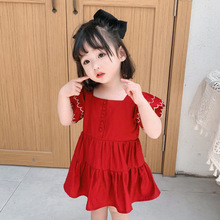 2020年夏季新款1-6岁女童时尚潮流可爱气质英伦复古酒红连衣裙