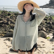 夏季新款时尚休闲海边度假纯色宽松显瘦薄款防晒衬衫女