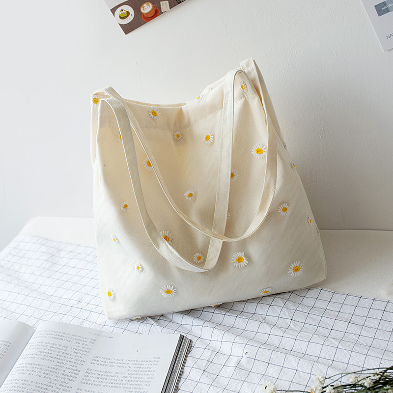 Spring and Summer New Canvas Bag Women's One Shoulder Bag Korean Ins Lace Mesh Little Daisy Cloth Bag Woven Handbag