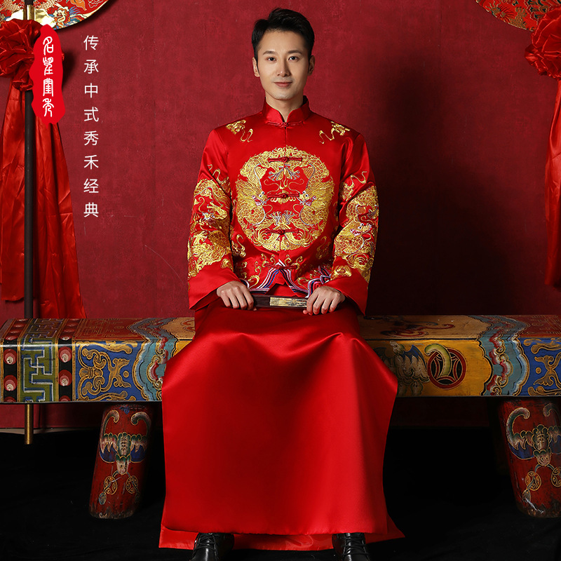 2024新款婚礼秀禾服男装红色绣花喜服男士新郎结婚敬酒服龙凤褂