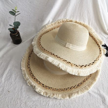 新款防晒毛边度假遮阳帽海边旅游沙滩帽子潮女大檐海岛草帽太阳帽