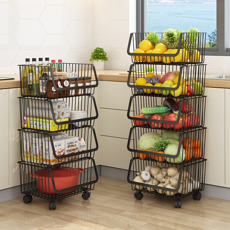 厨房置物架落地多层可移动水果蔬菜玩具锅架收纳筐不锈钢手推车篮