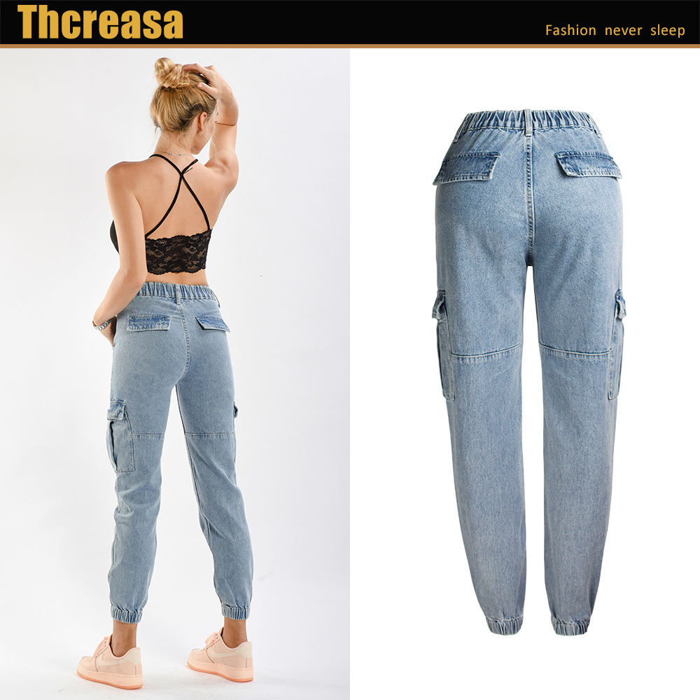 European and American High Waist Jeans Women's Spring and Autumn Harem Pants Loose Wide Leg Elastic Waist Big Workwear with Pocket Jeans