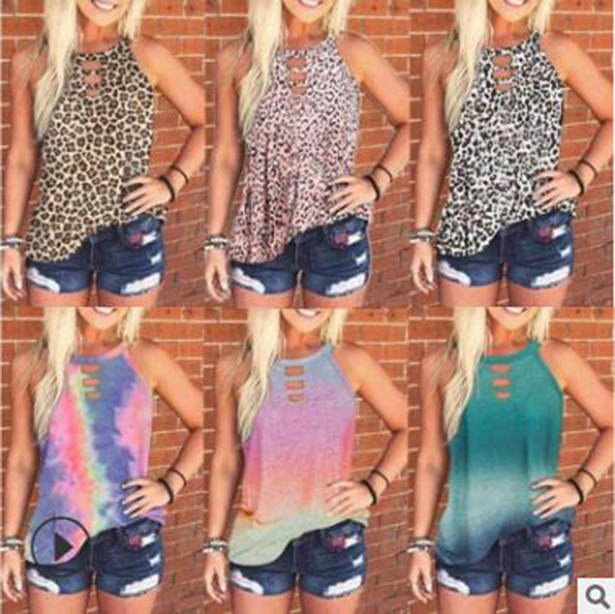 2023 Women's Summer New Amazon Hot round Neck Tie-Dyed Leopard Print Vest T-shirt for Women