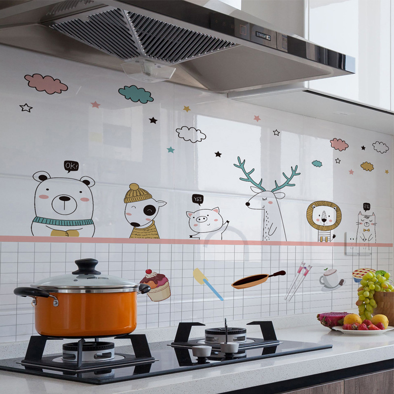 厨房贴纸新品卡通动物厨房防油贴防水耐高温自粘铝箔灶台贴墙贴