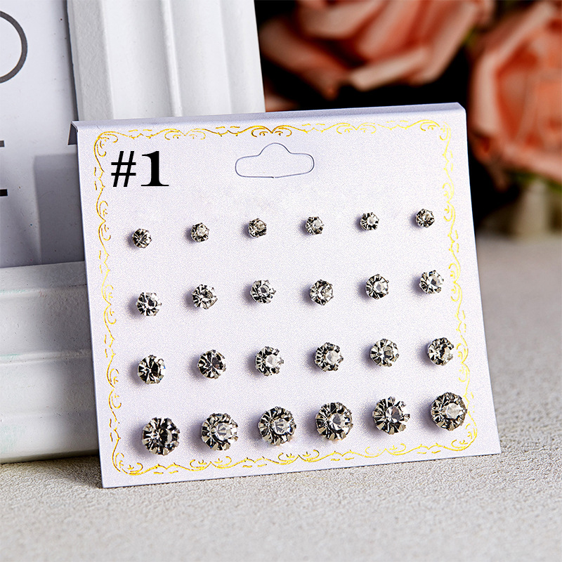 Korean Style Fashion Earings Set 12 Pairs round Jewelry Zircon Card Stud Earrings Mixed Color All-Match Imitation Pearl Earrings